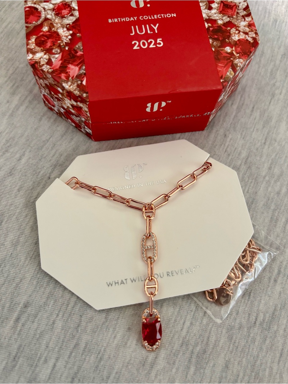 BP July Birthstone Rose Gold Chain Necklace with Red Pendant